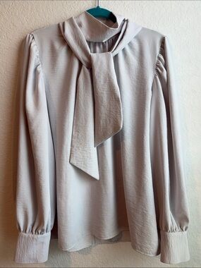 Y2K Calvin Klein Pale Gray Tie-Neck Long Sleeve Blouse